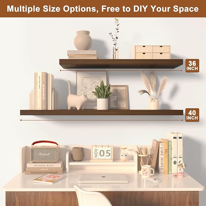48 Inch Floating Shelf 2 Pack Large Floating Shelves for Wall No Drilling Accessories Included Deep Wall Shelves for Living Room Kitchen Farmhouse 48" W x 12" D x 1.2" Walnut
