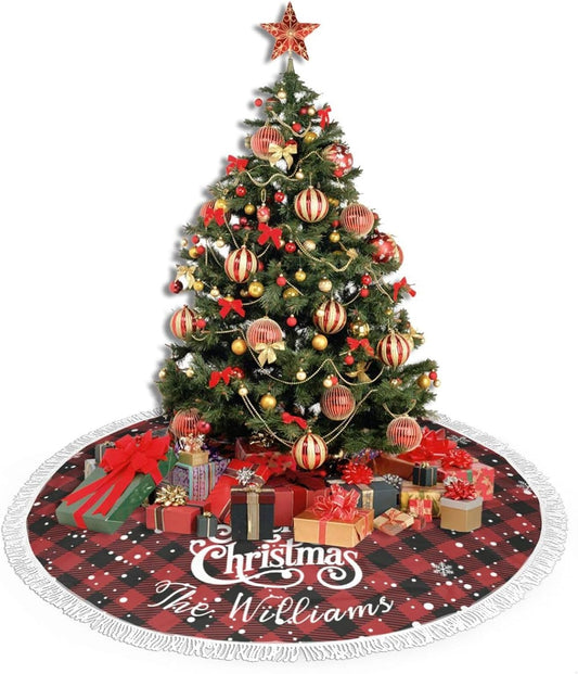 Custom Plaid Christmas Tree Skirt with Name, Personalized Holiday Xmas Tree Decor Gifts for Party Family Home, 30" - 48"