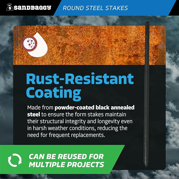 Sandbaggy Round Steel Concrete Form Stakes with Nail Holes - Rust Resistant Coating - Removable, Reusable (100, 3/4 in X 24 in)