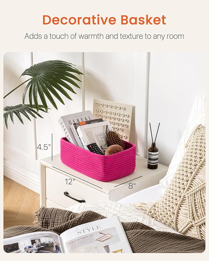 KALLAX Small Woven Basket, 12 x 8 x 4.5 Inches, Storage Basket for Organizing, Cute Small Rope Shelf Closet Cube Storage Bins Baskets for Shelves, Dog Toy Gift Baskets Empty, 3 Packs, Hot Pink