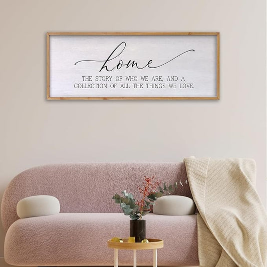 Home The Story of Who We Are Sign Farmhouse Family Wall Decor 32x12 Inch Plaque Wood Framed Art for Hanging (Wood)