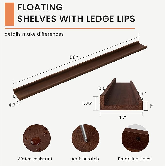 Solid Ash Wood Picture Ledge Shelf, Floating Shelves Set of 2, 56 Inch Long Large Ledge Shelves, Nursery Book Shelves Wall Mounted for Living Room Bedroom Kitchen Decor Kids Bookshelf, Walnut