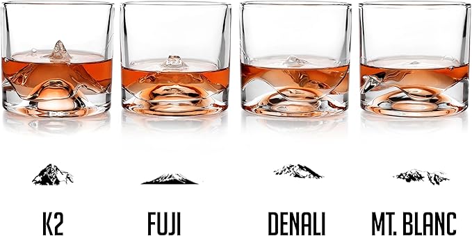 The Peaks Heavy Crystal Whiskey Glasses Gift Set of 4, Thick Freezable Bourbon Glass 1lb Each, Premium Whiskey Gifts for Men, Frozen Crystal Chills Cocktails, 10 oz