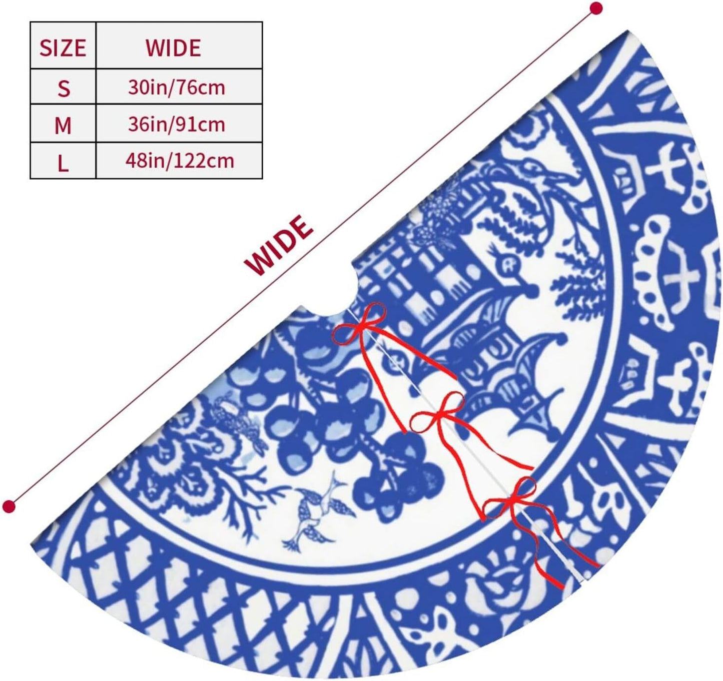 48" Large Christmas Tree Skirt Blue Oriental Rabbit Whimsical Pattern Tree Mat Base Cover for Xmas Festive Holiday Party Decoration Ornaments