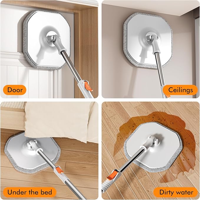 Spin Mop and Bucket Set with Separate Dirty and Clean Water,360° Spin Mop and Bucket System with Widening Foldable Handle,6 Replaceable Mop Pads,Square Mop for Floor Hardwood Wall Cleaning(White)