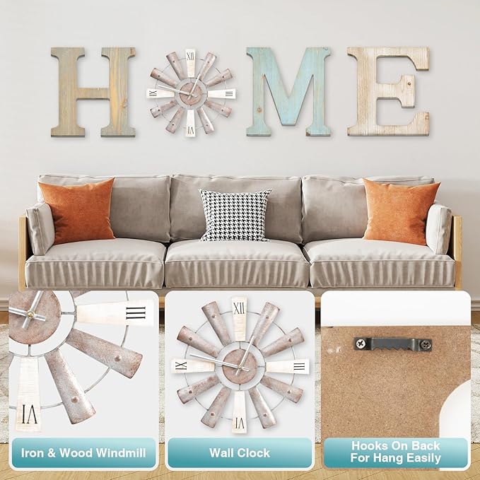 ZAZIWZ Farmhouse Home Signs with Windmill Clock Wall Decor Rustic Home Letters Wall Art for Living Room Kitchen Entryway Dining Room Bedroom (mix color)