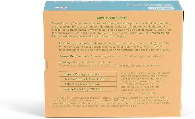 Sheets Laundry Club Laundry Detergent Sheets, 100 Loads - Fragrance Free Scent, Eco-Friendly, Quick-Dissolving Formula, Hypoallergenic, Septic Safe, Plastic-Free Packaging - 50 Sheets