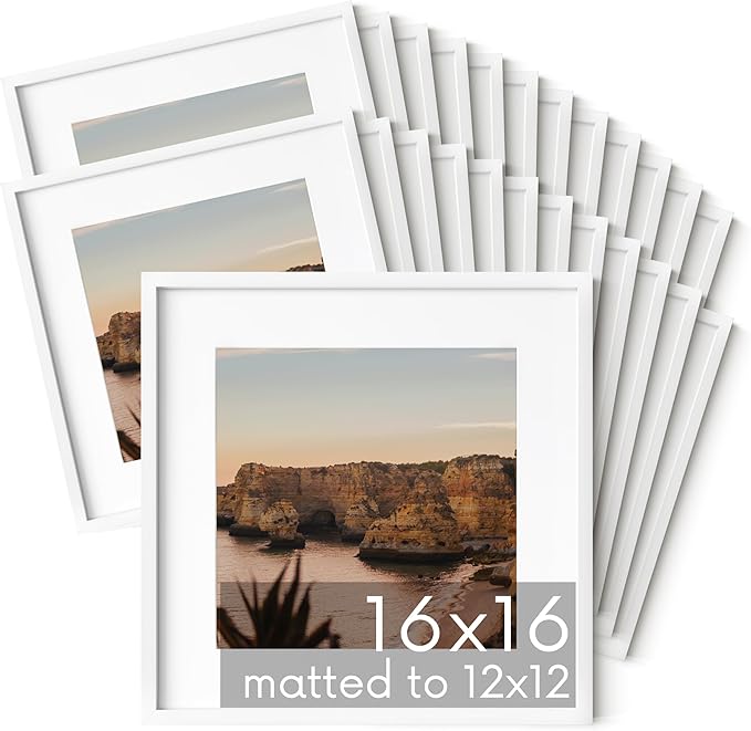HAUS AND HUES 16x16 White Metal Picture Frames Matted to 12x12 - Features Premium Aluminum & Hanging Hardware, Shatterproof Plexiglass - Ideal for Home, Room, Office (16x16 in, White, Set of 25)
