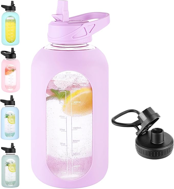 64 oz Glass Water Bottle With Straw and Handle, Half Gallon Sports Motivational Water Jug Flask with Silicone Sleeve, Large Water Cup with Time Marker for Travel, Gym, Purple