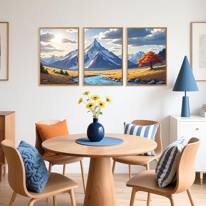 HPNIUB Landscape Mountain Wall Art Set, Rustic River Sunrise Pine Tree Forest Nature Scenry Wilderness Art Print, Farmhouse Grassland Modern Sky Decorative for Living Room, Bedroom, Office-16 x24 x3