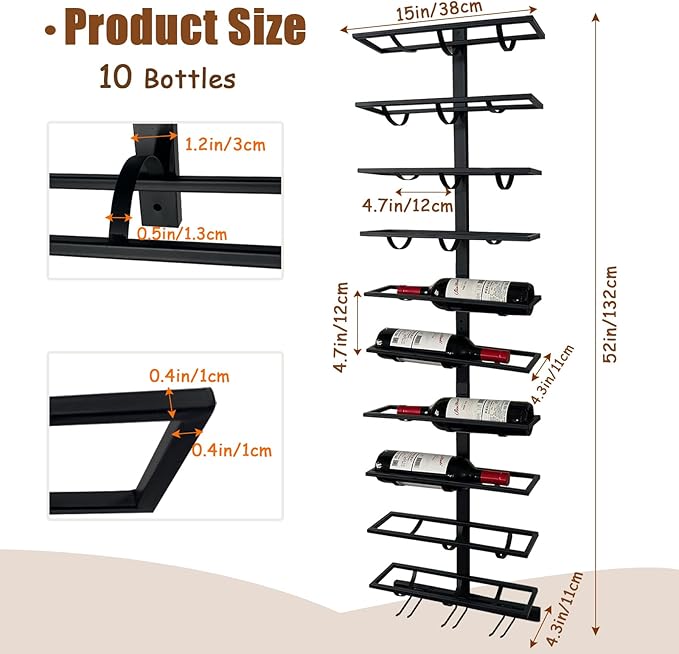 10 Bottle Wall Mount Wine Rack with Wine Glass Holder, Metal Wine Wall Rack, Wall Racks for Wine Bottles Display and Storage, Hanging Bottle Organizer for Living Dining Room Wine Cellar Bar (Black)