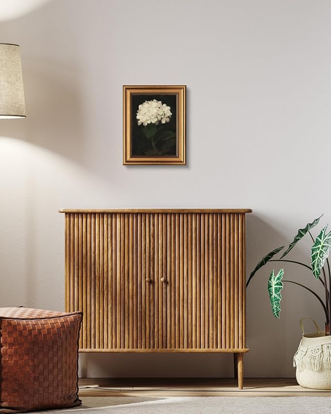 HUARCEY Gold Framed Vintage Wall Art for Living Room, Flowers Painting Canvas Prints Shelf Decor for Kitchen, Aesthetic Bedroom Wall Art, Christmas Gifts for Friends or Family (White Hydrangea 8"x10")