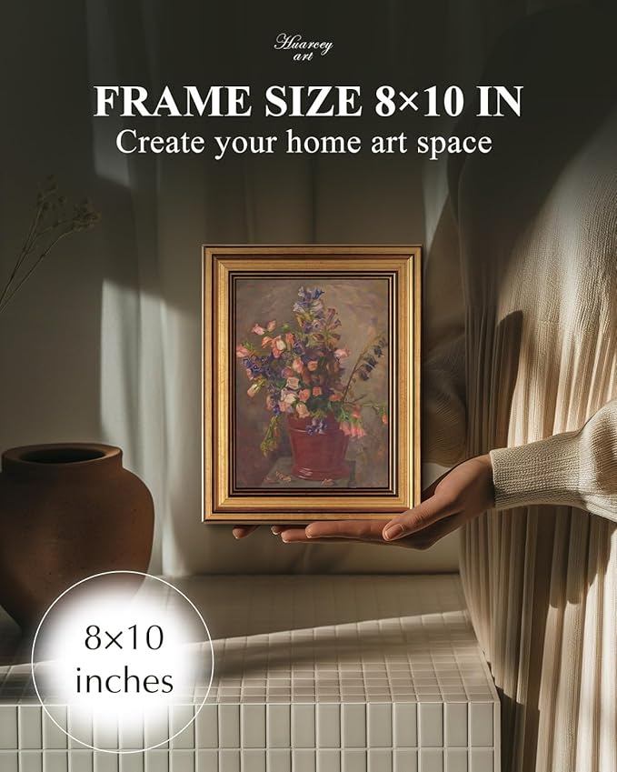 HUARCEY Gold Framed Vintage Wall Art for Living Room, Flower Painting Canvas Prints Shelf Decor for Kitchen, Aesthetic Room Decor Bedroom Wall Art, Floral Artwork for Friends or Family 8"x10"