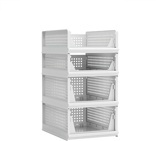 4 Pack Stackable Plastic Storage Basket Closet Organizer Bin Foldable Clothes Organizer Storage Drawer Shelf Container for Living Room Bathroom Kitchen Office (2L+2S)