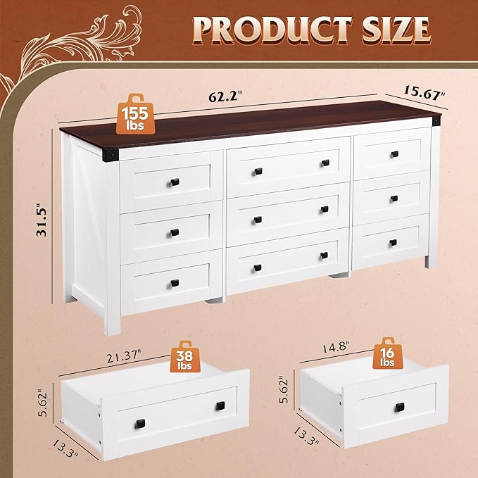WLIVE Farmhouse Dresser for Bedroom, 63" Wide 9 Drawer Dresser Storage Organizer, Wood Chest of Drawers for Bedroom, TV Stand for 70 inch TV, for Living Room, Hallway, Ball Bearing Slide (White)