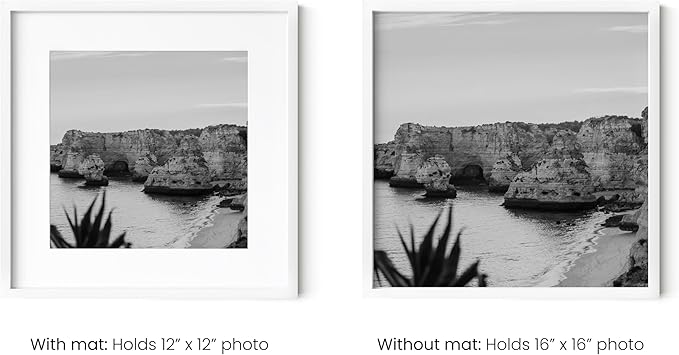 HAUS AND HUES 16x16 White Metal Picture Frames Matted to 12x12 - Features Premium Aluminum & Hanging Hardware, Shatterproof Plexiglass - Ideal for Home, Room, Office (16x16 in, White, Set of 6)