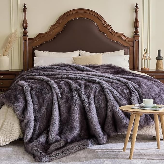 Fluffy Faux Fur Throw Blanket – Super Soft Warm Thick Plush Blanket for Bed, Couch & Office, Cozy Fuzzy Throw with Flannel Backing,50"x60", Grey