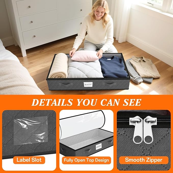SpaceWhisper 90L Under Bed Storage Containers, 4-Pack Storage Bins with Clear Top, Foldable Closet Organizers and Storage with Label Holder for Clothing, Blankets, Comforter & Pillows (Grey)