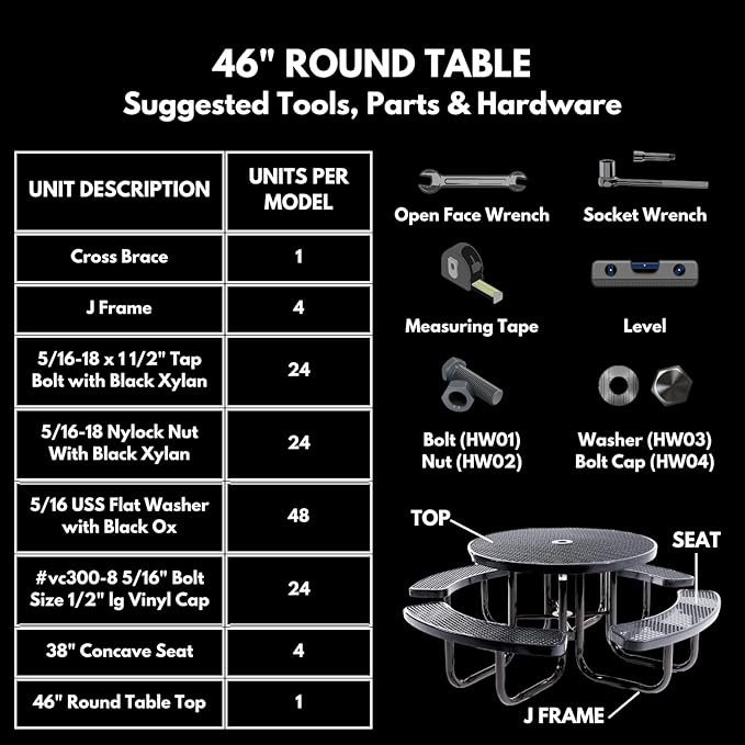 Heavy-Duty Portable Outdoor Picnic Table with Umbrella Hole, Expanded Metal Commercial-Grade Patio Dining Furniture Made in America (46" Round Top, Textured Gold Vein)