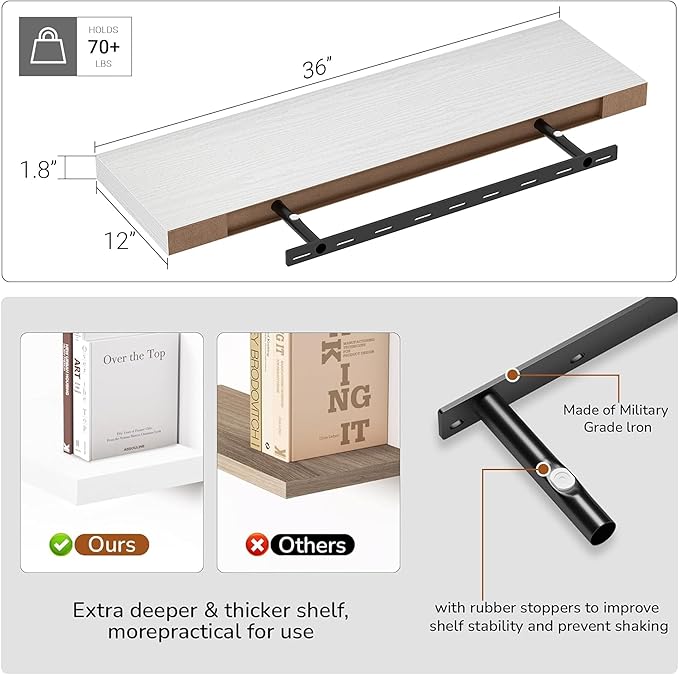 10 inch Deep Wall Shelves 36 inche Long, 1.8 Thick Single Floating Shelf Wall Mounted, Heavy Duty 70 lbs Shelves for Bedroom, Books, Living Room, Kitchen, Office Modern Farmhouse Decor, White