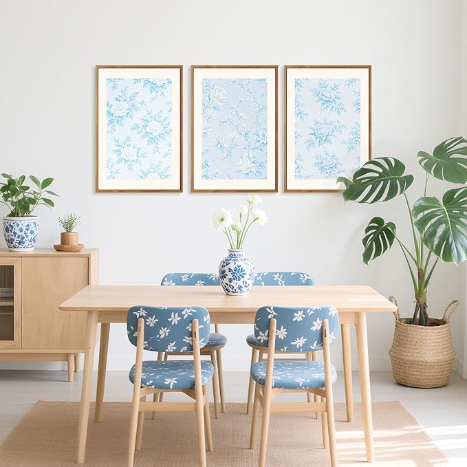 HPNIUB Large Classic Chinoiserie Floral Framed Canvas Wall Art Set, Watercolor Blue and White Flower Rose Wall Decor, Blue Minimalist Wildflower Art Print for Living Room,Bedroom,Office-16 x24 x3