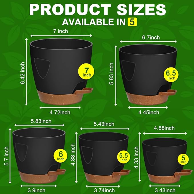 '- Uneed Plastic Flower Pot,5-Pack Plant Pots with Drainage 7/6.5/6/5.5/5 Inch,Self Watering Pots for Indoor Plants,Planters for Indoor Outdoor Plants (Black)