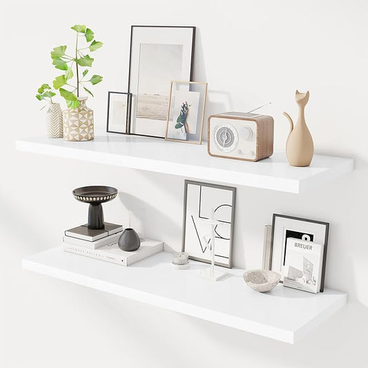 40" Floating Shelves for Wall, 12" Deep Slim White Floating Shelves, Wall-Mounted Shelves for Bedroom, Living Room, Kitchen, Bathroom - Set of 2