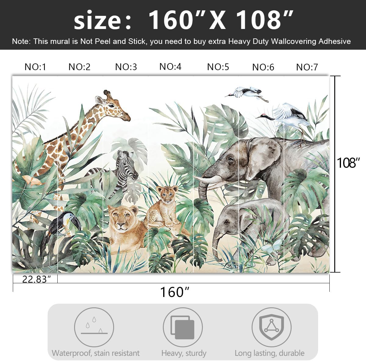 -Tropical Rainforest Plants Animals Tigers Fabric Wallpaper Jungle Plants Banana Leaves Boys Girls Kindergarten Children Bedroom Large Mural- 160"x108"（ not Peel and Stick）