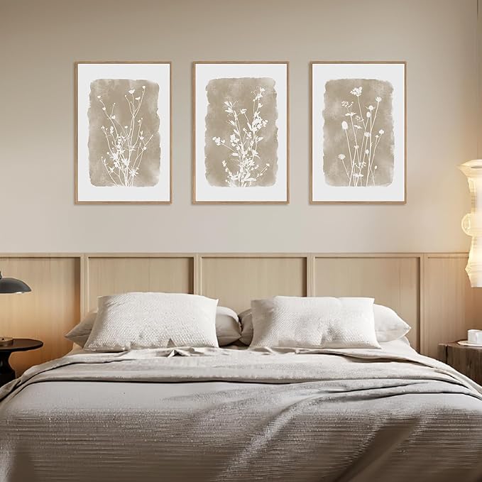 HPINUB Large Boho Wildflowers Canvas Framed Wall Art Set,Minimalist Vintage Flower Wall Decor,Beige Floral Botanical Artwork for Living Room Bedroom,Dining Room,Office -16"x24"x3