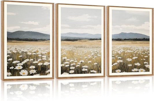 HPNIUB Flowers Wall Art Canvas White Daisy Floral Painting, Rustic Field Landscape Picture, Modern Framed Artwork for Living Room Bedroom Bathroom Dinning Room Office Home Decor Gifts-16 x24 x3