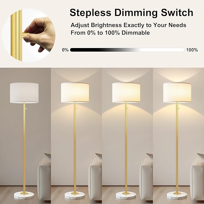 Floor Lamp for Living Room,Dimmable Gold Floor Lamp,Modern Standing Lamp with Marble Base,Tall Standing Lamp for Bedroom, Reading,Office & Kids' Room,LED Bulb Included(Gold)