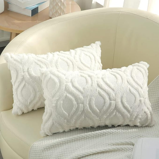 decorUhome Throw Pillow Covers 12x20 Inch Set of 2, Soft Plush Decorative Faux Fur Cream Beige Solid Couch Pillow Covers, Accent Farmhouse Neutral Lumbar Euro Pillow Cases for Sofa Bed Living Room