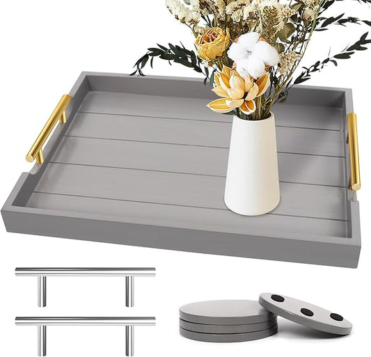 Coffee Table Tray - Large Ottoman Trays for Living Rooms - Wood Serving Tray with Handles(2 Sets) - Wooden Tray for Coffee Table, 4 Round Coasters Included, Gray