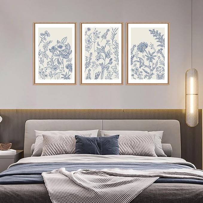 HPINUB Classic Chinoiserie Floral Framed Canvas Wall Art Set,Watercolor Blue and White Botanical Flowers Wall Decor,Navy Blue Minimalist Wildflower Art Print for Living Room,Bedroom,Office-24x36x3