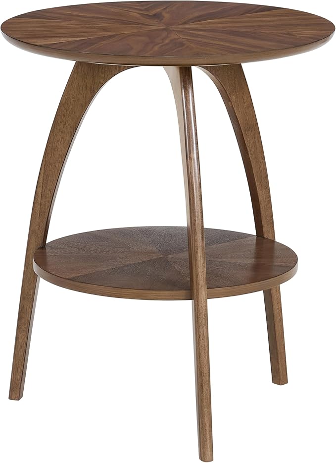 Martin Svensson Home Round Wood Walnut Brown 20" Living Room End Side Accent Table Nightstand with Storage Shelf