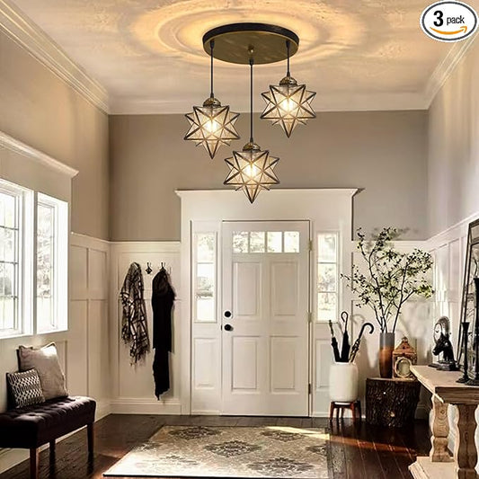 Glass Glam Chandelier Star Pendants Light Fixture Modern Elegant Ceiling Hanging Lights Included LED Warm Light Bulbs Oiled Bronze