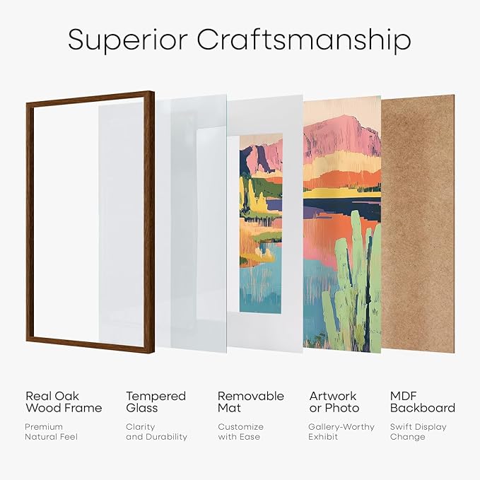 Homeforia 20 x 30 Walnut Frame, High End Dark Oak 20x30 Wooden Poster Frames with Mat 16x24, 20 x 30 Brown Wood Picture Frame Matted to 16 x 24, 30x20 Hanging Frame, Tempered Glass, Wall Kit, Set of 1