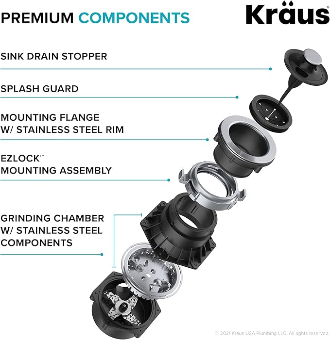 KRAUS WasteGuard 3/4 HP Ultra-Quiet Garbage Disposal with Quick Connect, Kitchen Sink Drain Cover, Power Cord and Flange Included, KWD100-75MBL