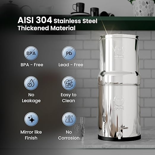 1.5 Gallons NSF Certified AISI 304 Stainless Steel Water Filter with 2 Smart Carbon (Black) Filters, 2 POSTreat Steel Fluoride Removal Elements & Free Stainless Steel Spigot