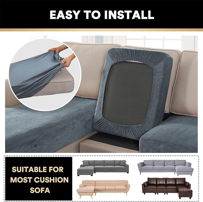 PrinceDeco 4-Piece Sectional Couch Cover Set - Thick Chaise & Couch Cushion Covers with Elastic Band for L-Shape Sofa, 3 Seater + 1 Chaise, Stone Blue