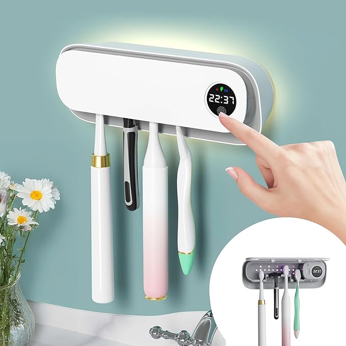 BlueBark UV Toothbrush Holders for Bathrooms, Air DryingHolder Smart Home Bathroom Accessories, Timer Function & 5 Toothbrush Slots, Toothbrush Holder Wall Mounted with Replaceable Slot