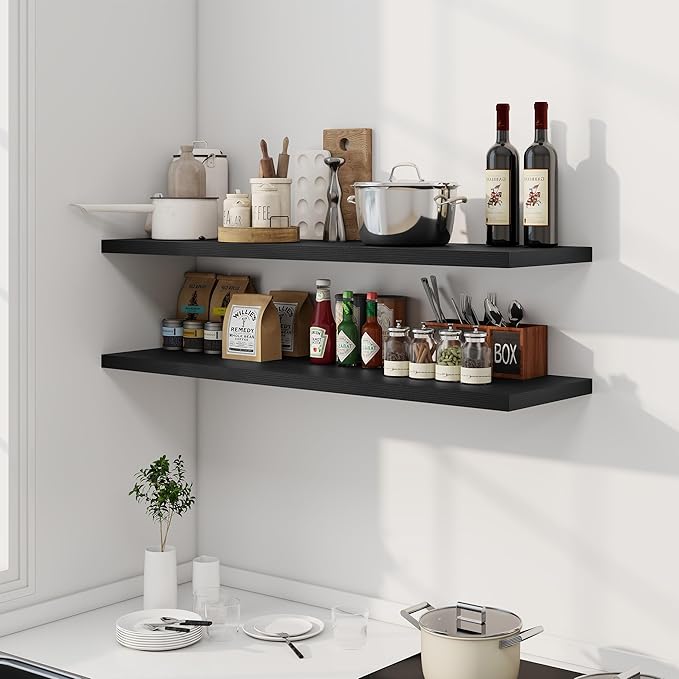 48" Floating Shelves for Wall, 12" Deep Slim Black Floating Shelves, Wall-Mounted Shelves for Bedroom, Living Room, Kitchen, Bathroom - Set of 2