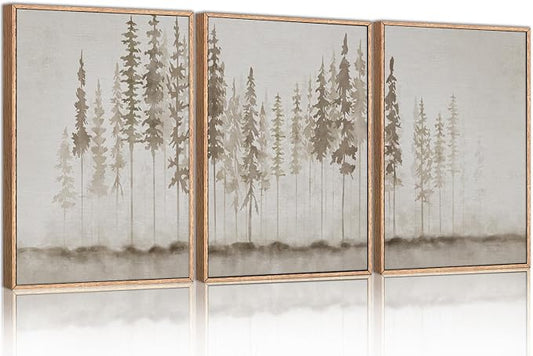 HPNIUB Large Misty Forest Framed Canvas Art Print Set, Modern Foggy Pine Tree Wall Decor, Pastel Nature Landscape, Abstract Foggy Forest Plant Art for Living Room, Bedroom, Office - 16" x 24" x 3