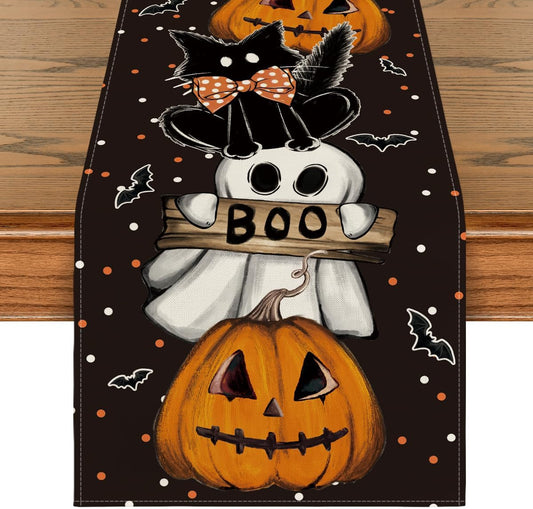 Artoid Mode Polka Dot Ghost Pumpkin Cat Boo Halloween Table Runner, Bat Seasonal Fall Kitchen Dining Table Decoration for Home Party Decor 13x48 Inch