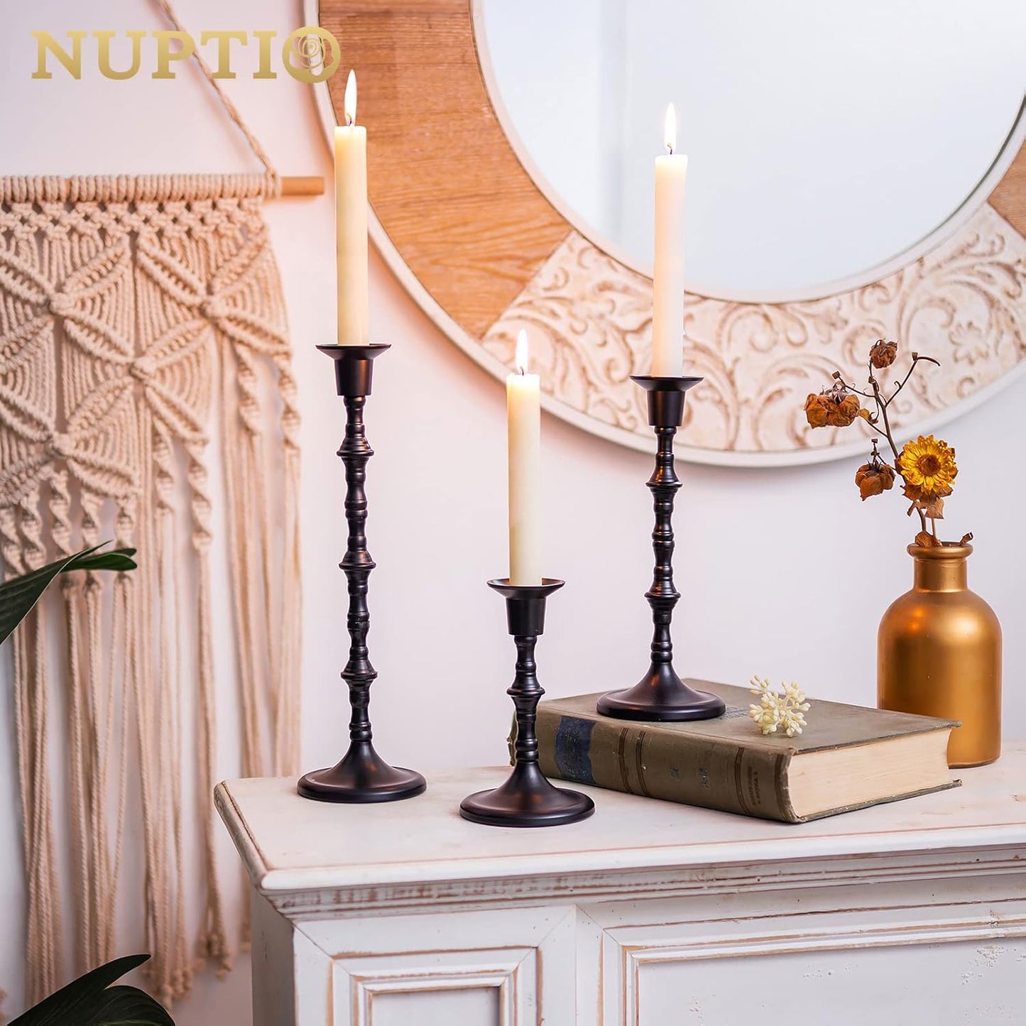 Nuptio Black Candlestick Holders Taper Candle Holders Bulk 6 Pcs Antique Iron Metal Candle Sticks Holders Tall Candle Holder Matte Table Decor for Halloween Kwanzaa Easter Valentines Shabbat