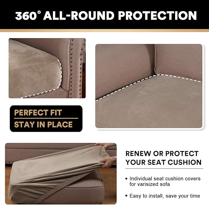 PrinceDeco Velvet Couch Cushion Cover Soft Stretch Cushion Slipcover for Chair Loveseat Sofa Cushion Furniture Protector Seat Cushion Sofa Cover (2 Piece Large Sofa Cushion Covers, Taupe)
