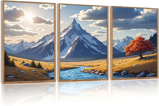 HPNIUB Landscape Mountain Wall Art Set, Rustic River Sunrise Pine Tree Forest Nature Scenry Wilderness Art Print, Farmhouse Grassland Modern Sky Decorative for Living Room, Bedroom, Office-16 x24 x3