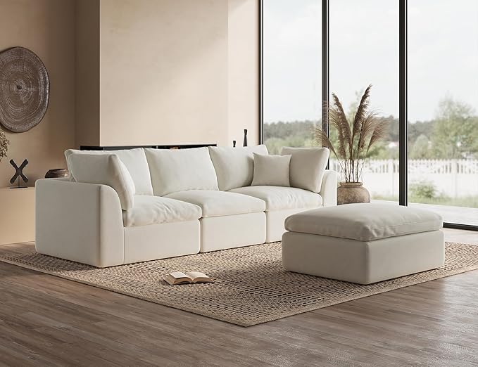 110" Cloud Sectional Couches for Living Room, Convertible L-Shape Couch with Ottoman, 3 Seater Modular Sectional Sofa, Warm White