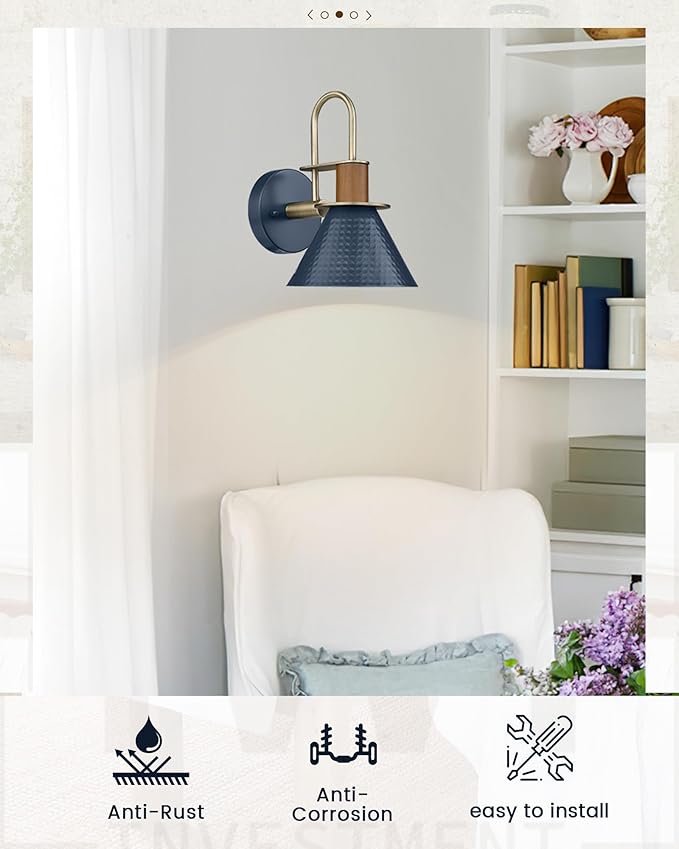 Modern Wall Sconces, HWH Industrial Sconce Wall Lighting Indoor Wall Lamp, Gooseneck 1-Light Barn Vanity Light for Kitchen Bedroom, Hammered Metal Shade, Navy Blue Finish, 5HZG74B-L BL+BG