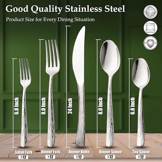 Aisoso 60-Piece High-End Silverware Set with Stone Patterned Handle Mirror Finished Stainless Steel Serving Utensils for 12, Durability and Dishwasher Safe for Home, Restaurant, Weddings